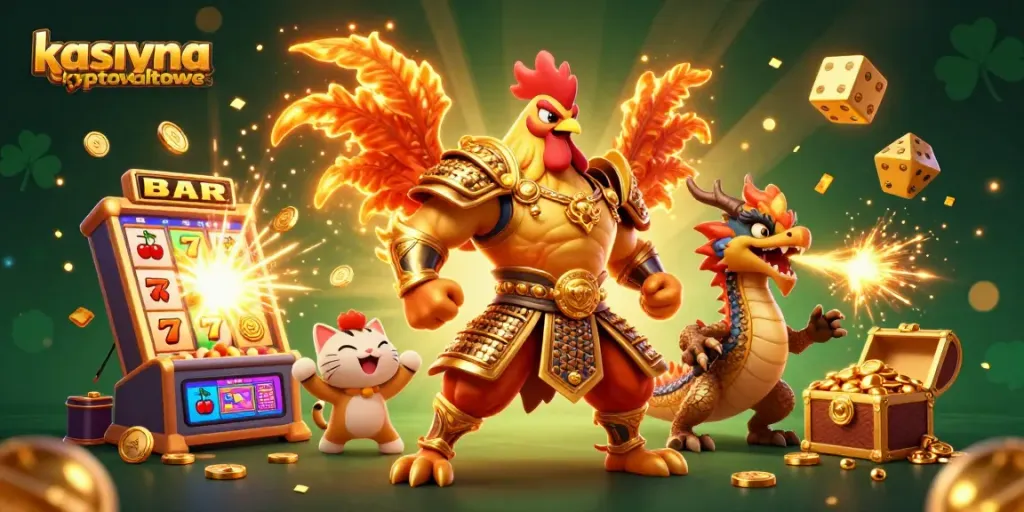 Engage in kasyna kryptowalutowe action with fearless rooster and dragon warriors amid a jackpot explosion.