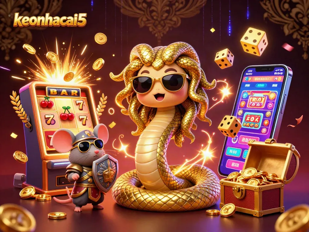 Win exciting jackpots with keonhacai5 in this vibrant casino scene filled with slot machines.
