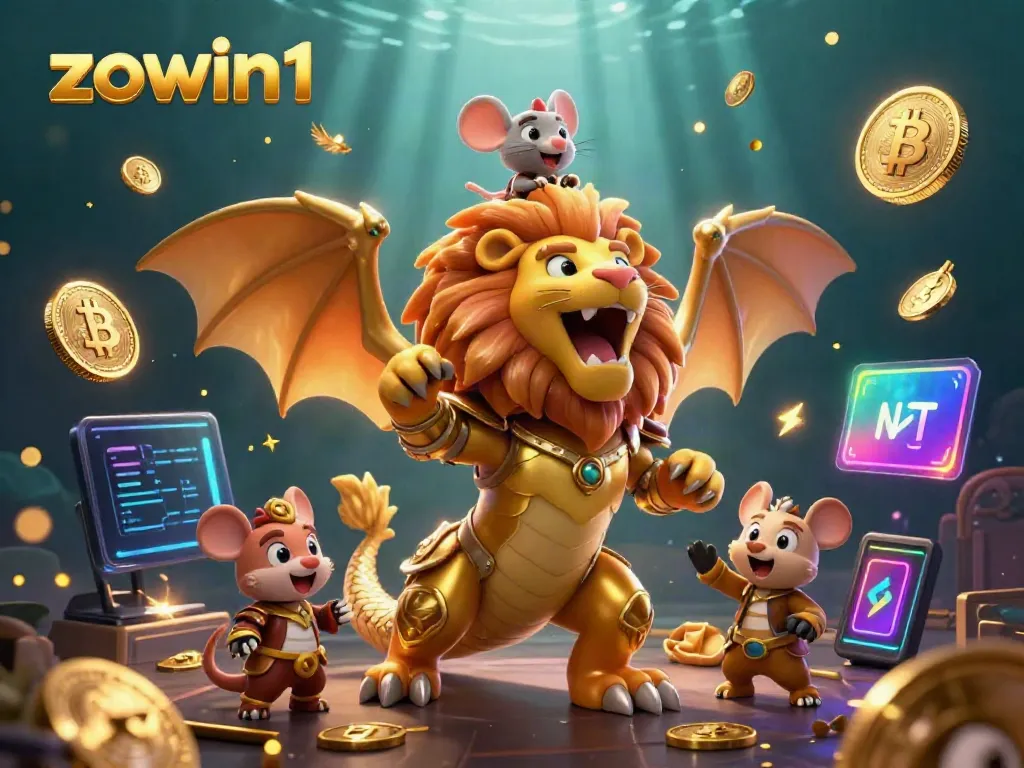 P players experience thrilling gaming at zowin1 with a dynamic chimera character and vibrant crypto elements.