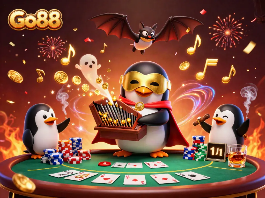 Go88 showcases a vibrant 3D scene with a penguin playing an organ while golden coins rain down, symbolizing excitement in gambling.