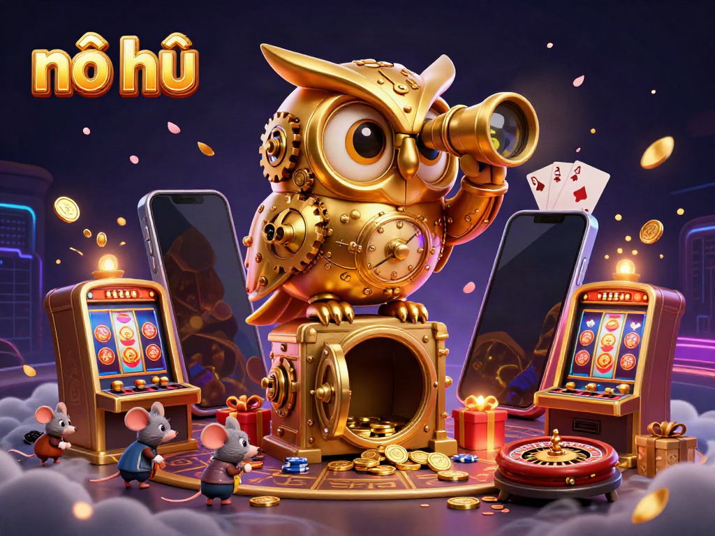 Spin and win with nổ hũ at this vibrant casino scene, featuring a golden owl and exciting games.