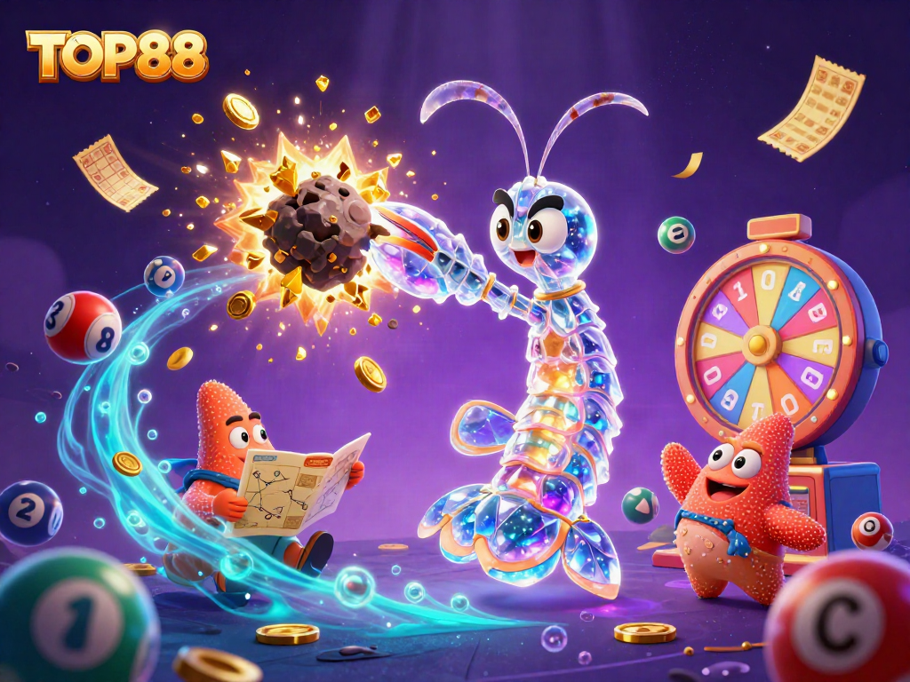 Engage with TOP88 in an action-packed scene featuring a mantis shrimp and starfish with dynamic casino elements.