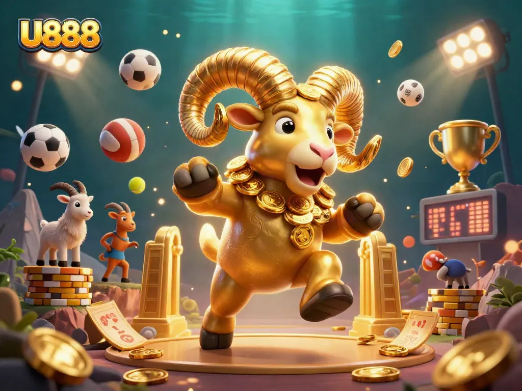 Experience the excitement of U888 with dynamic sports and casino elements in a vibrant scene.