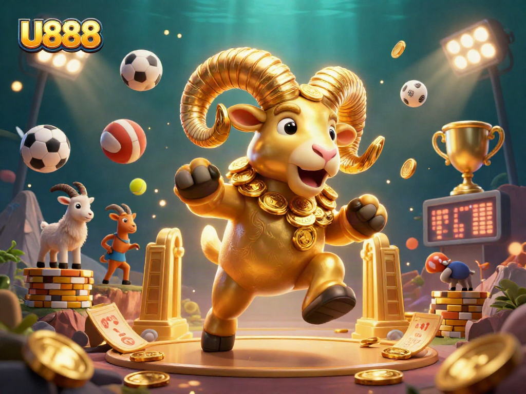 Experience the excitement of U888 with dynamic sports and casino elements in a vibrant scene.