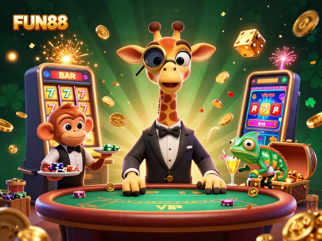 Experience FUN88 excitement with a high-roller giraffe, monkey valet, and chameleon bartender in a vibrant casino scene.