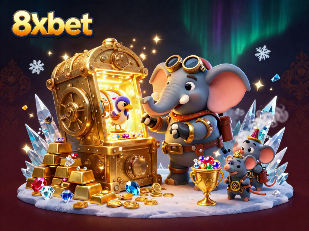 Spin the golden slot machine with 8xbet’s riches, featuring treasure and vibrant gaming symbols.