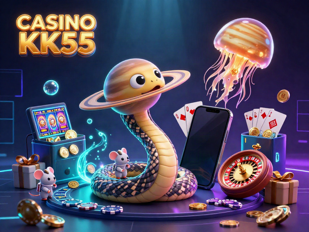 Experience the excitement of CASINO KK55 with a dynamic 3D illustration of a cosmic roulette scene adorned with playful elements.