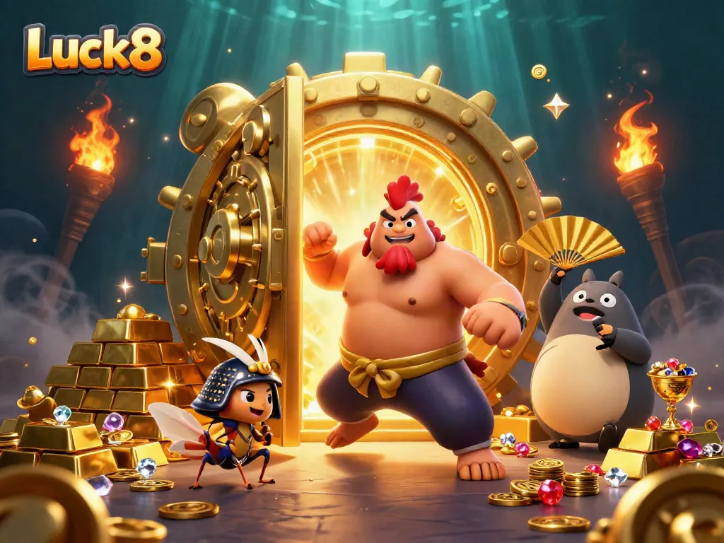 Experience the thrill of Luck8 with a powerful sumo rooster and fierce samurai cricket amidst a treasure-filled casino.