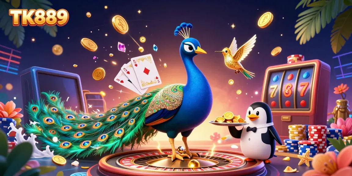 Experience excitement with TK889's vibrant casino scene showcasing gaming elements and characters.