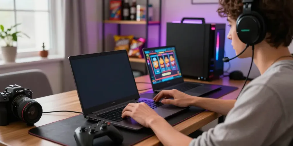 Individual enjoying a situs gacor online gaming experience at home with vibrant visuals and cozy ambiance.