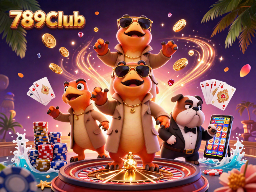 Join the fun at 789Club where raptors masquerade in a casino, surrounded by coins and jewels.