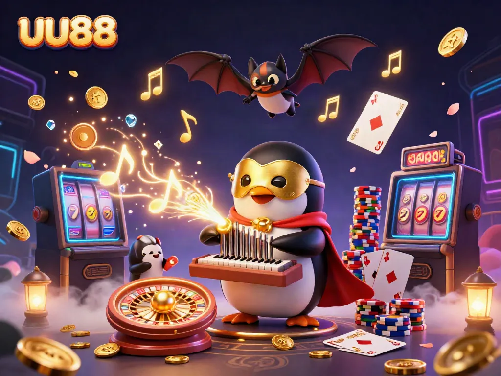 Experience excitement at uu88 with a vibrant casino theme featuring golden coins, gaming elements, and dynamic characters.