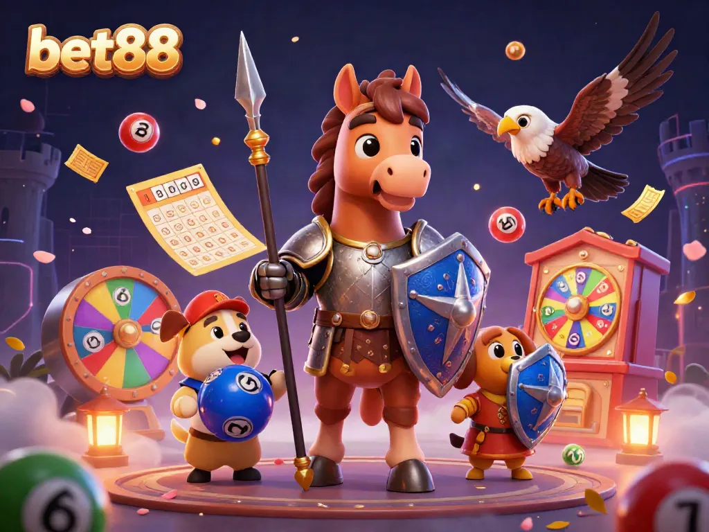 Experience the excitement at bet88 with vibrant lottery balls, a knight, and a gaming atmosphere.