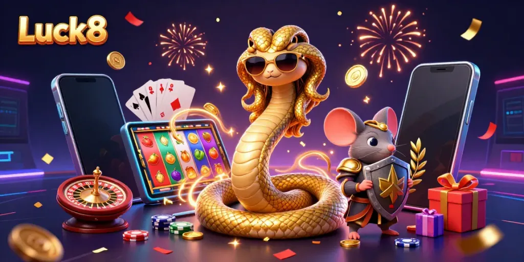 Engage in thrilling slot games at Luck8 with our vibrant 3D casino illustration depicting energetic gameplay