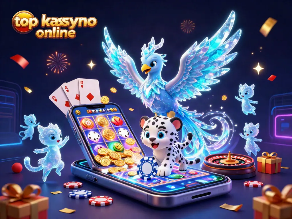 Experience the top kasyno online with a vibrant scene of characters and casino elements, celebrating wins.