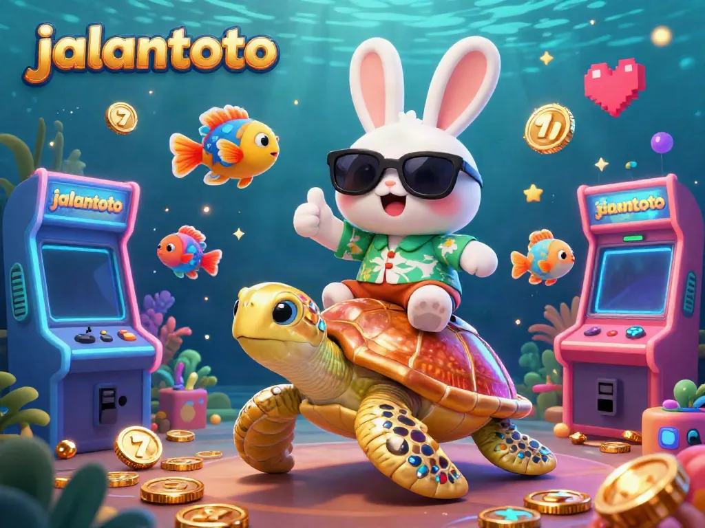 Experience winning at jalantoto with vibrant slot machines and aquatic characters in a casino-themed illustration.