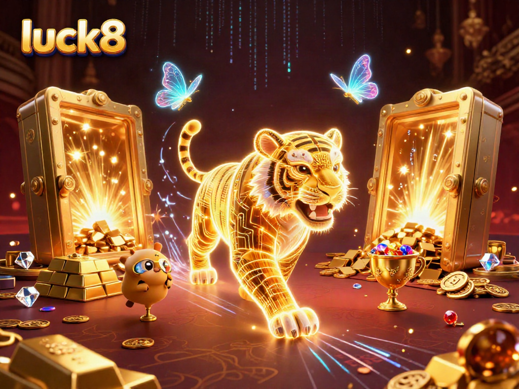 Play the lucky8 slots with a neon tiger illuminating gem-filled treasures in a vibrant casino scene.