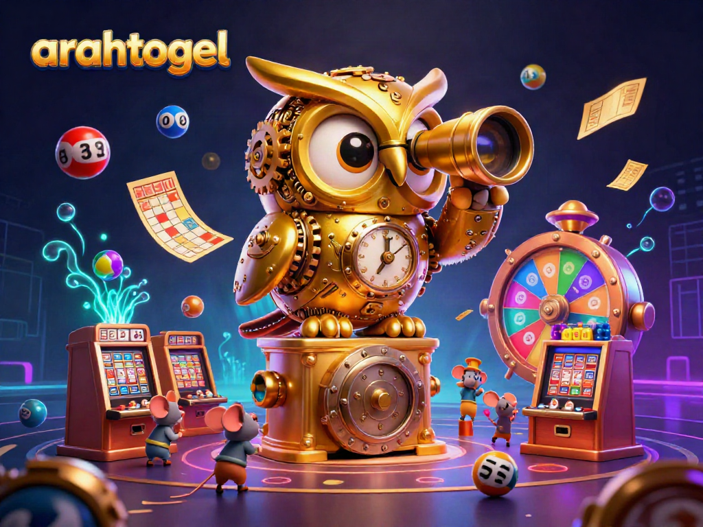Engage with arahtogel's vibrant casino scene featuring a golden owl and lively game interactions.