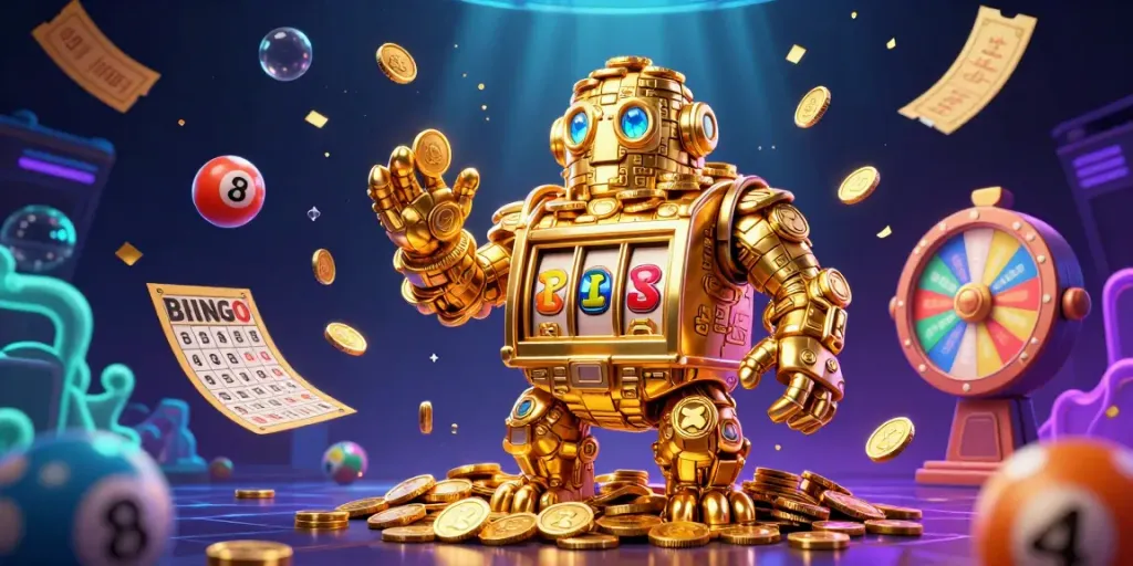 Experience the vibrant excitement of KUWIN's gaming universe with a majestic golden golem surrounded by colorful lottery elements and coins.