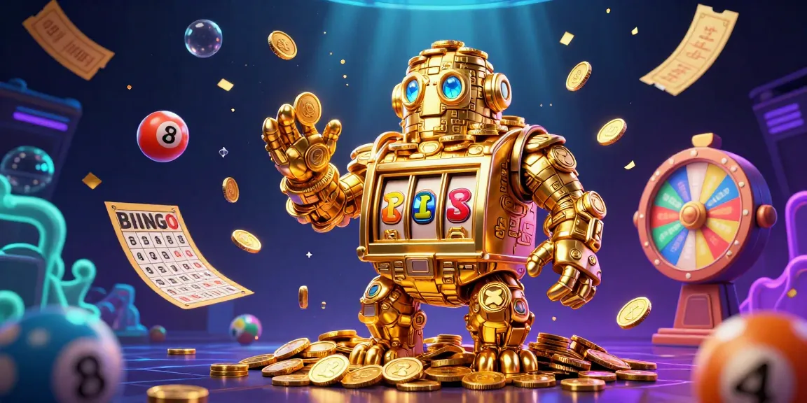 Experience the vibrant excitement of KUWIN's gaming universe with a majestic golden golem surrounded by colorful lottery elements and coins.