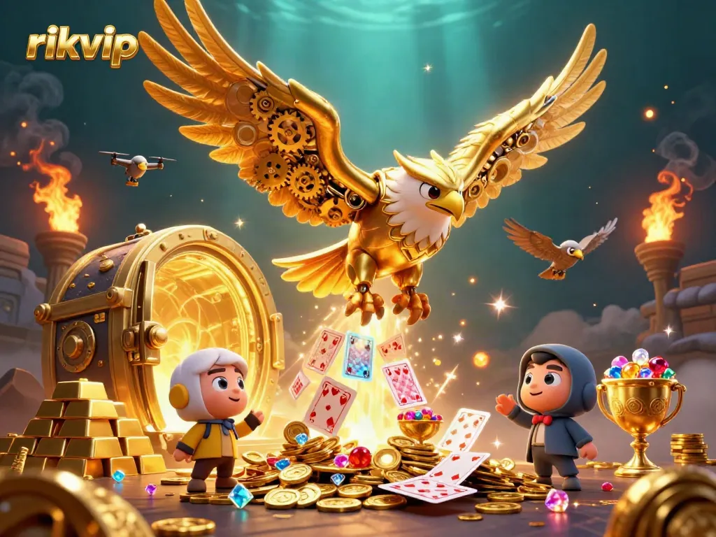 Experience the thrill of rikvip with a golden eagle soaring through holographic cards in a vibrant casino scene.