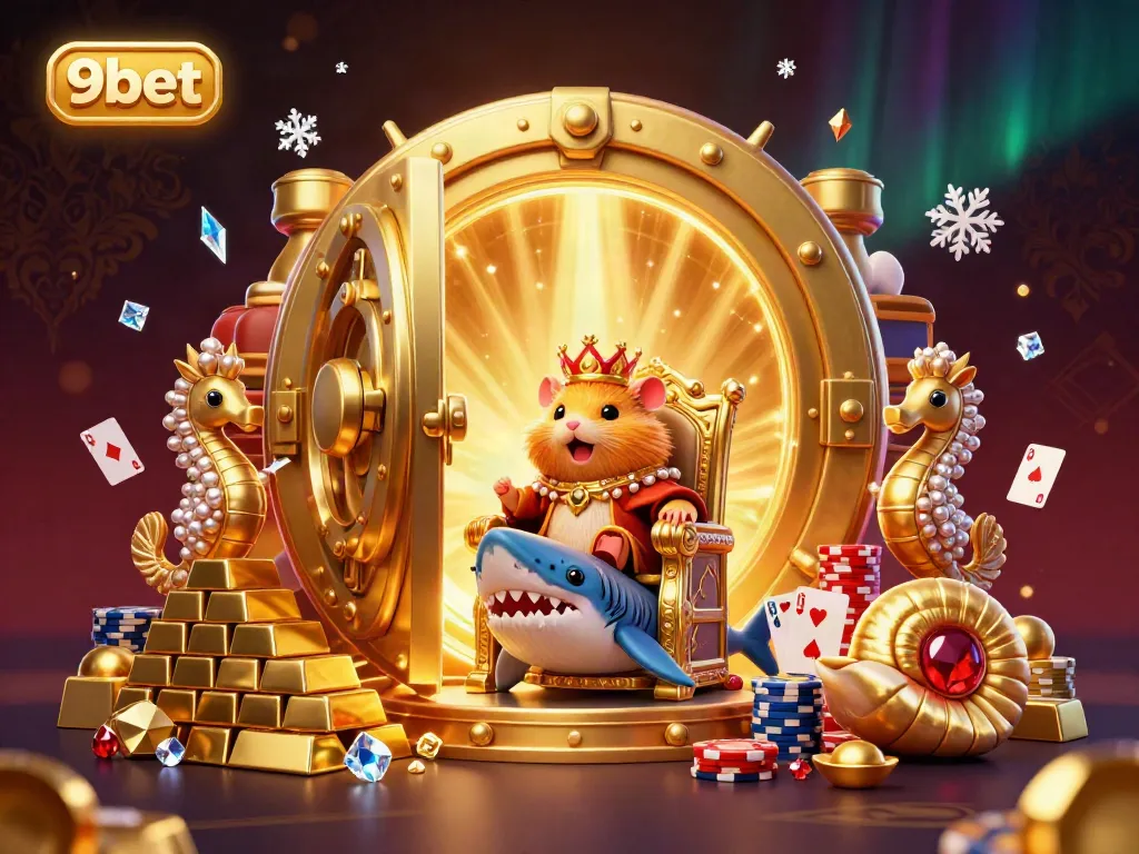 Experience the thrill of 9bet with a massive treasure vault scene featuring a golden hamster king and dazzling riches.