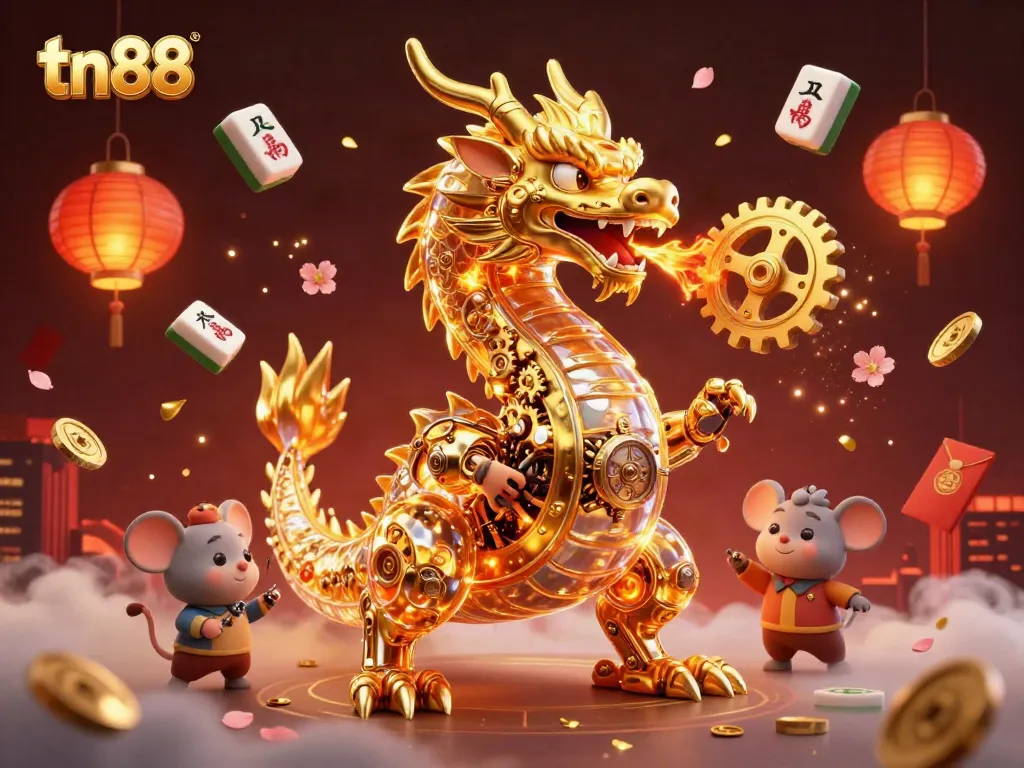 Experience tn88's thrilling casino world with a dragon and engineer amidst festive gaming elements.