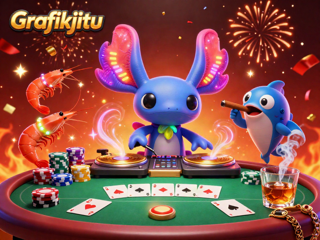 Engage in high-energy gaming with Grafikjitu's vibrant 3D casino scene featuring an axolotl DJ and dynamic poker elements.