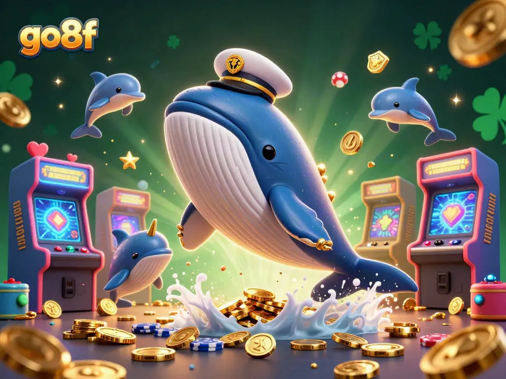 Play poker and win big with go8f using a playful whale, narwhal, and dolphins in a rich casino illustration.
