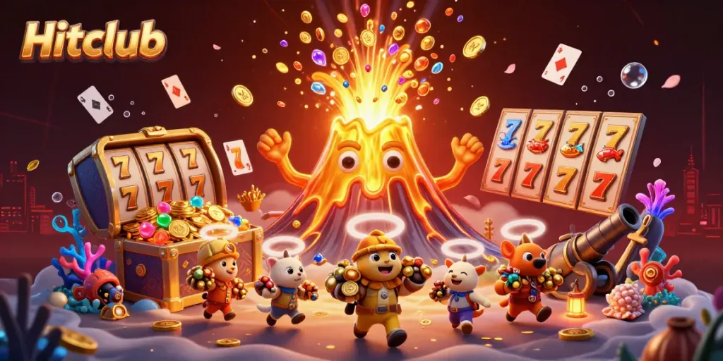 Hitclub's vibrant casino scene with a golden volcano, treasure, and lively slot game elements.