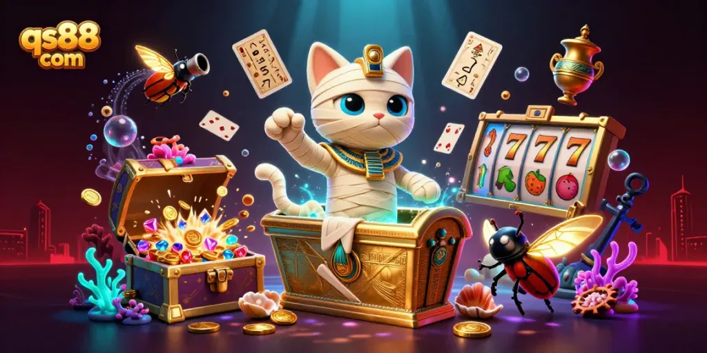 Experience thrilling play at qs88 com as an Egyptian mummy cat bursts from a sarcophagus!