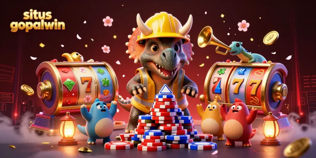 Experience excitement at situs gopalwin with a vibrant celebration scene featuring animated casino characters.