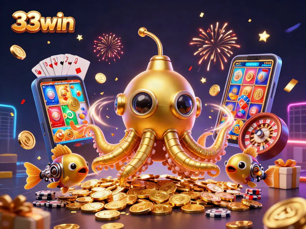 Experience thrilling gaming action with 33win at an exciting online casino featuring a golden kraken and slot games.