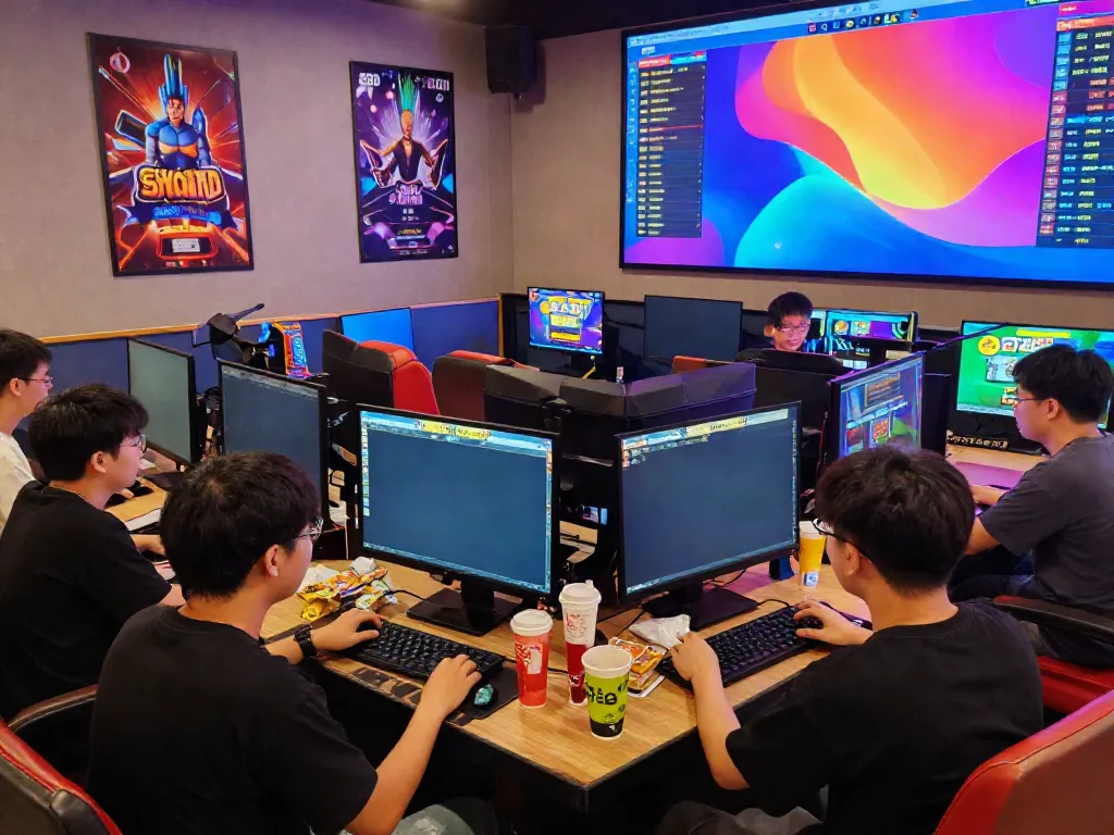 Players enjoying slot gacor hari ini in a vibrant gaming lounge setting with colorful lighting and digital screens.