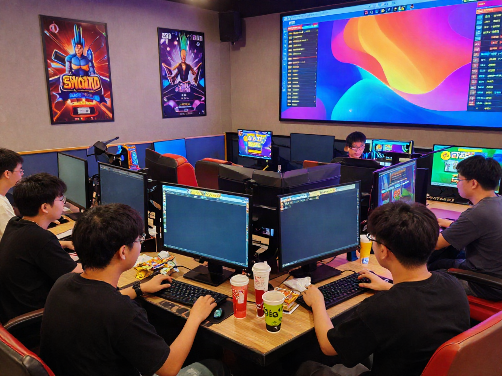 Players enjoying slot gacor hari ini in a vibrant gaming lounge setting with colorful lighting and digital screens.