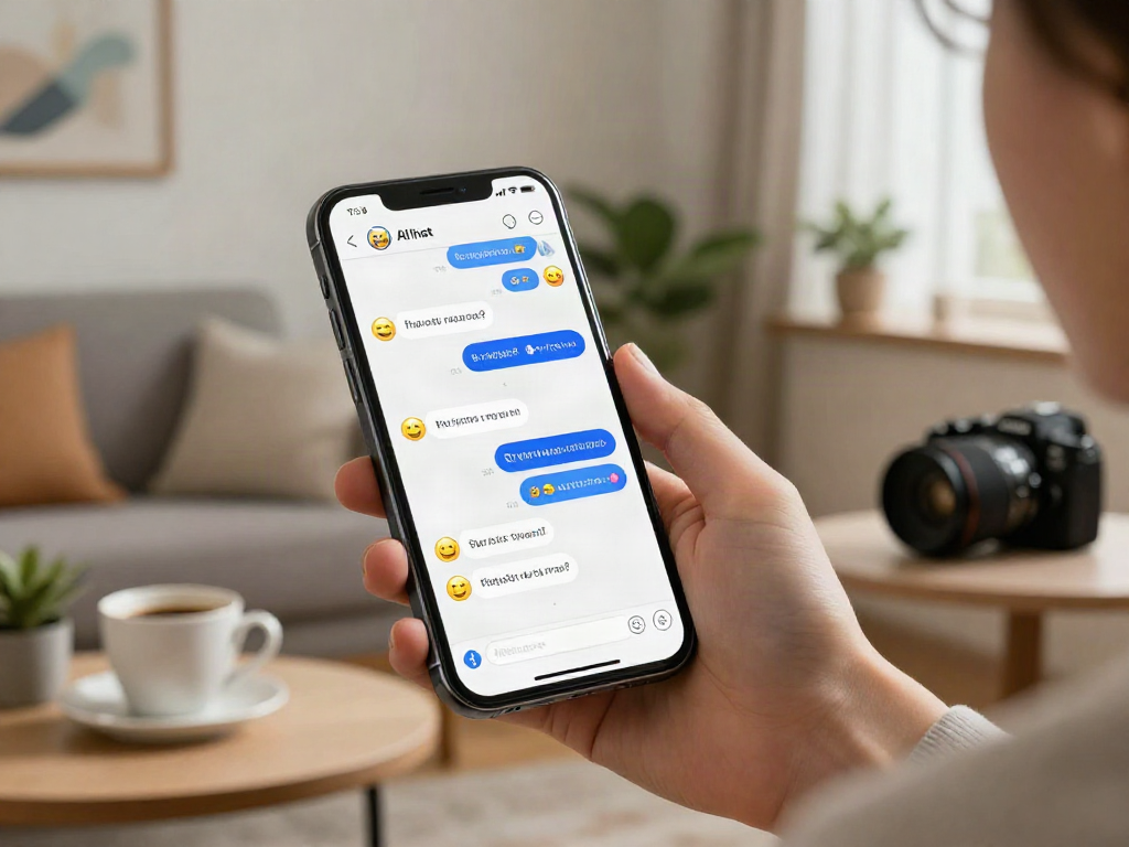 Engaging AI chat nsfw conversation on a smartphone in a stylish living room.