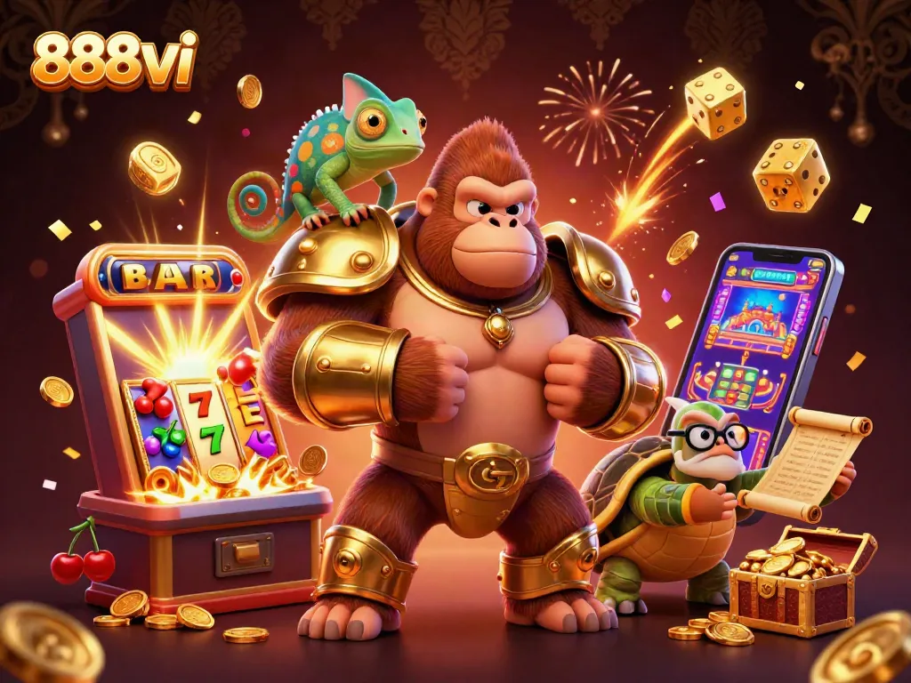 Experience thrilling jackpots and gaming adventure at 888vi with vibrant characters and action-packed casino elements.
