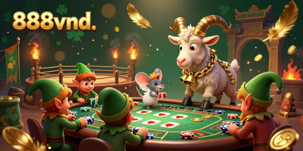 Experience thrilling gaming with 888vnd in a festive casino, where gremlins playfully steal chips.