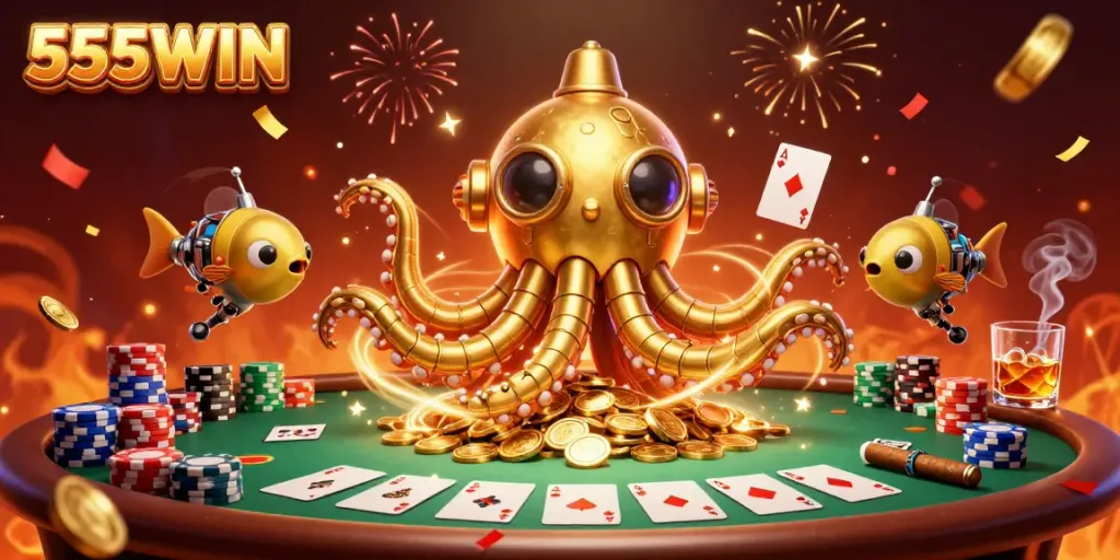 Experience the excitement of 555WIN with a golden kraken submarine amidst casino action and colorful gaming elements.