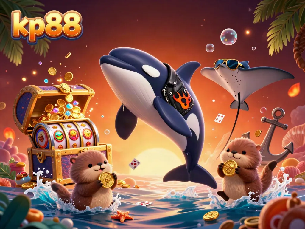 Engage in exciting slots action with kp88 as an orca, stingray, and otters revel in coins and cards.
