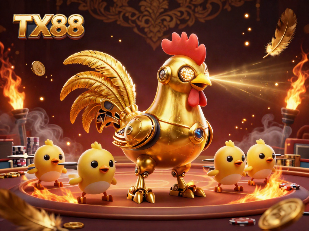 TX88 Casino adventure with a golden robot rooster and chick drones amidst poker chips and fire.