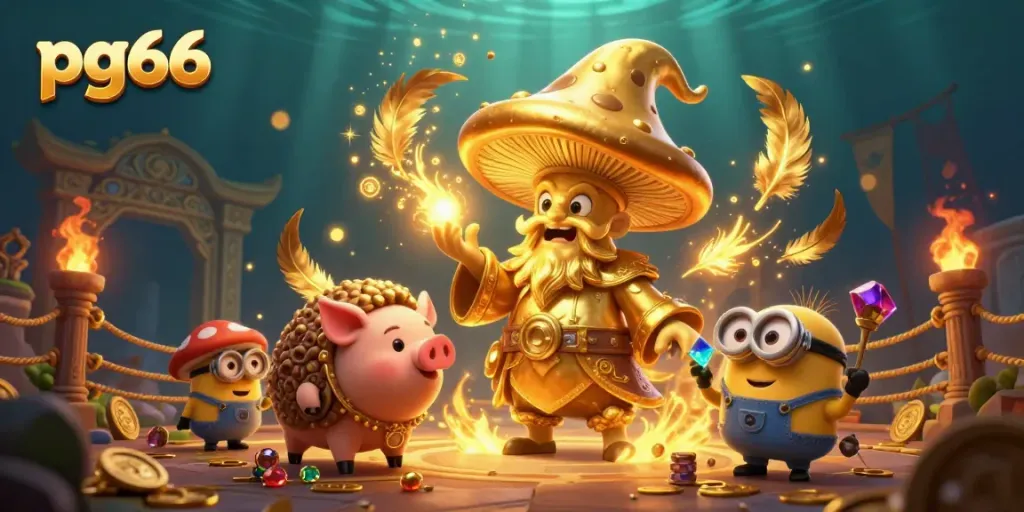 Experience the magic of pg66 with a golden mushroom wizard amidst a bustling casino scene.
