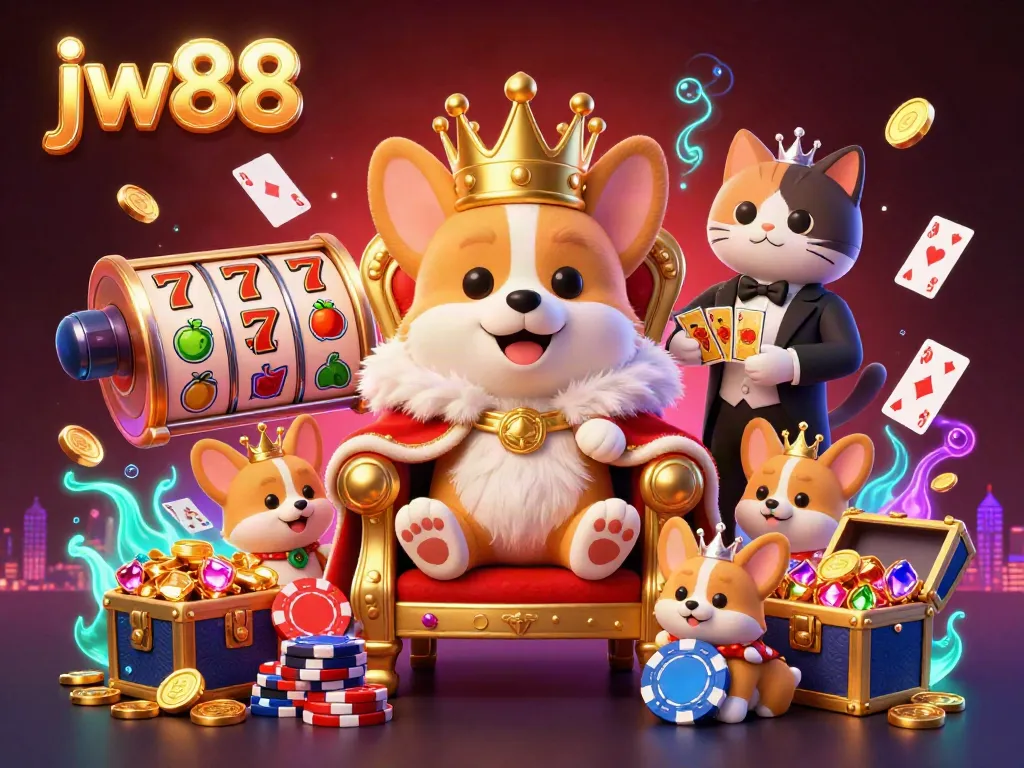 Experience thrilling gaming at jw88 with a royal corgi on a poker chip throne in a vibrant 3D illustration.