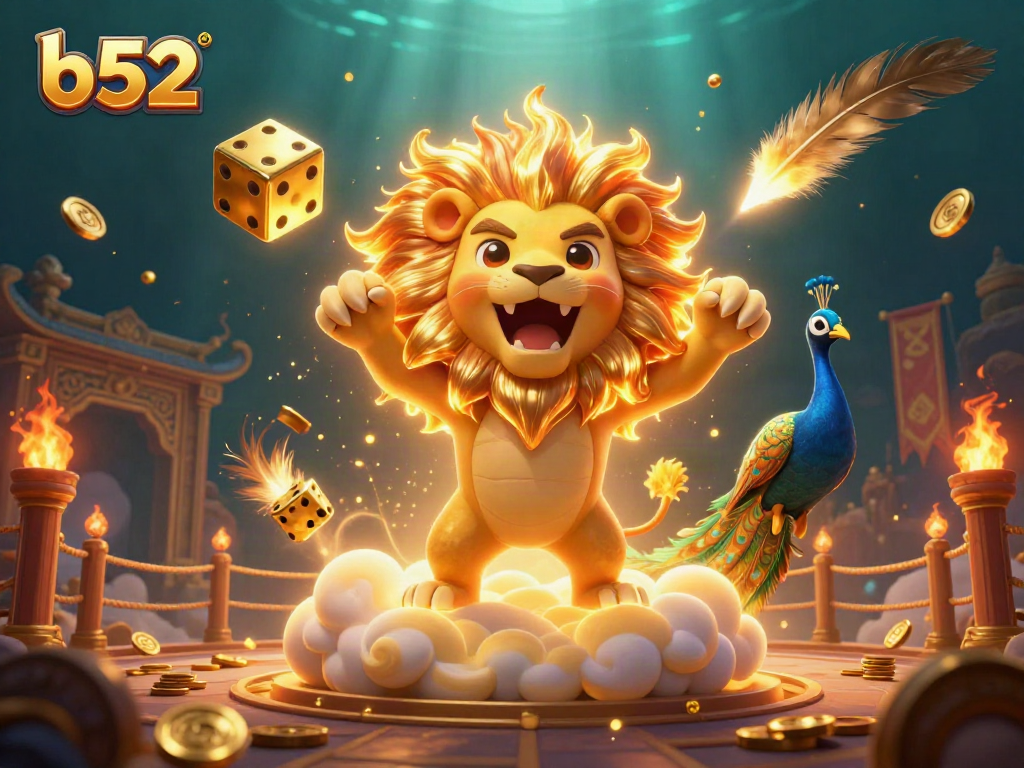 Engage with b52 gaming excitement featuring a roaring lion and dynamic casino elements.