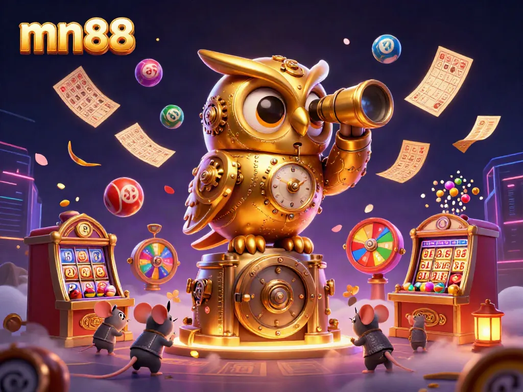 Enjoy the thrilling gaming ambiance at mn88 with vibrant lottery elements and an enchanting golden owl.