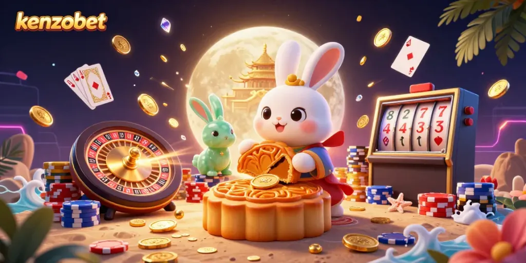 Experience the excitement of kenzobet with the moon rabbit and dazzling casino-themed elements.