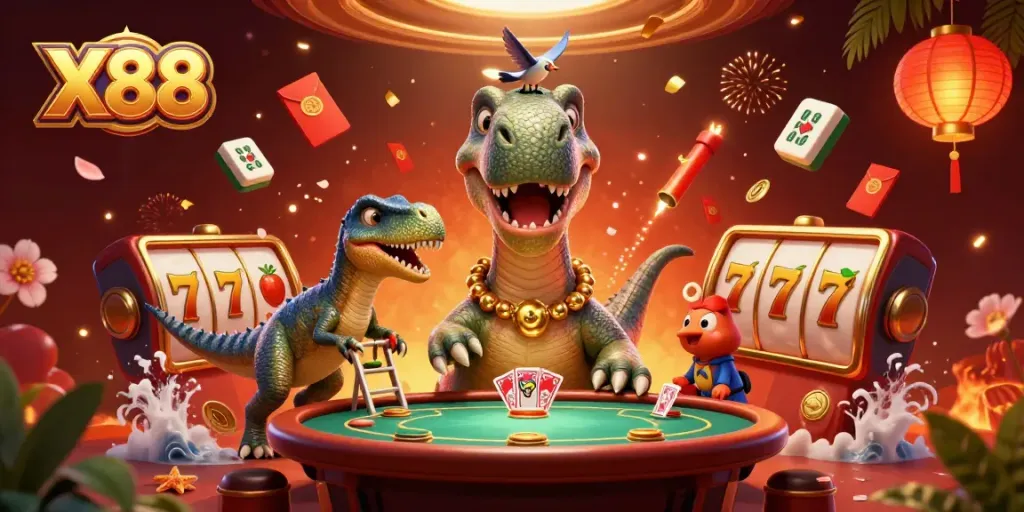 X88 offers thrilling casino gameplay featuring a dinosaur and raptor in action.