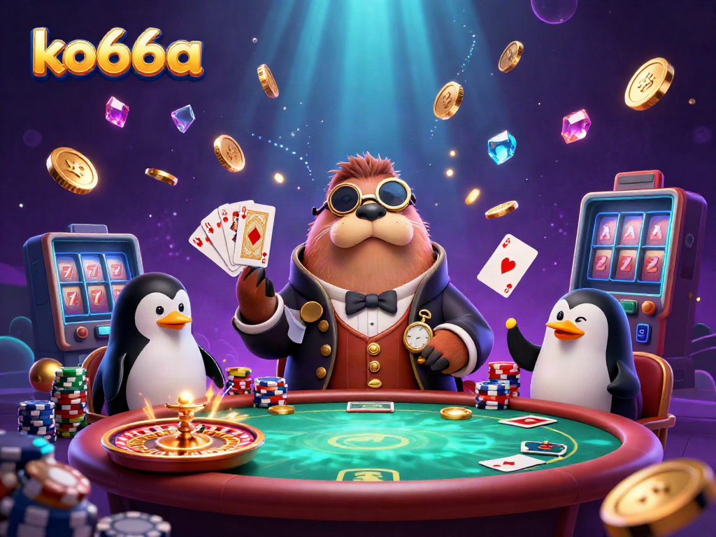 Experience thrilling gameplay at ko66a with a jolly walrus, penguin dealer, and pufferfish, immersed in casino action.