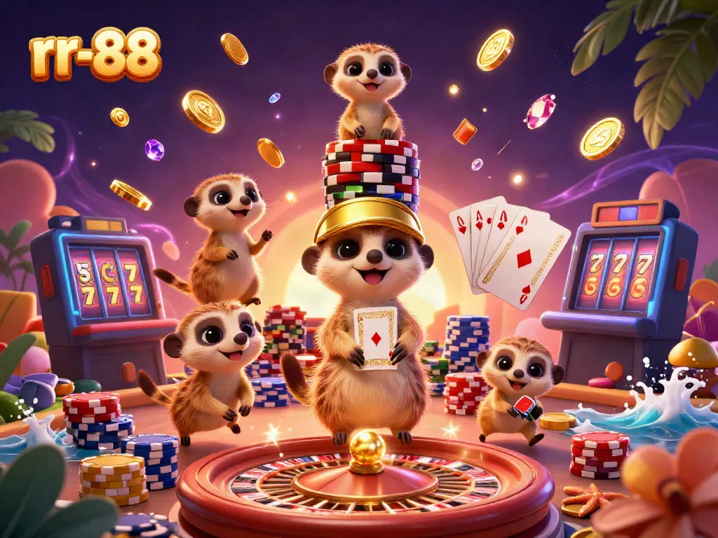 Experience thrilling gameplay at rr-88 with vibrant meerkats managing a casino, surrounded by colorful chips and a roulette wheel.