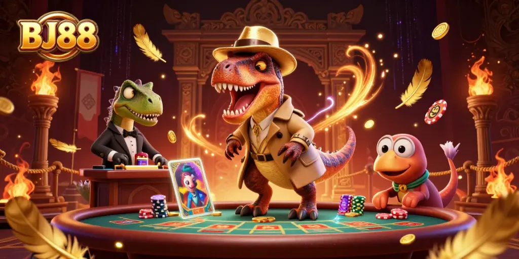 Watch a velociraptor card counter in action at BJ88's vibrant casino, with a stegosaurus and a sneaky compy amidst dynamic gaming elements.